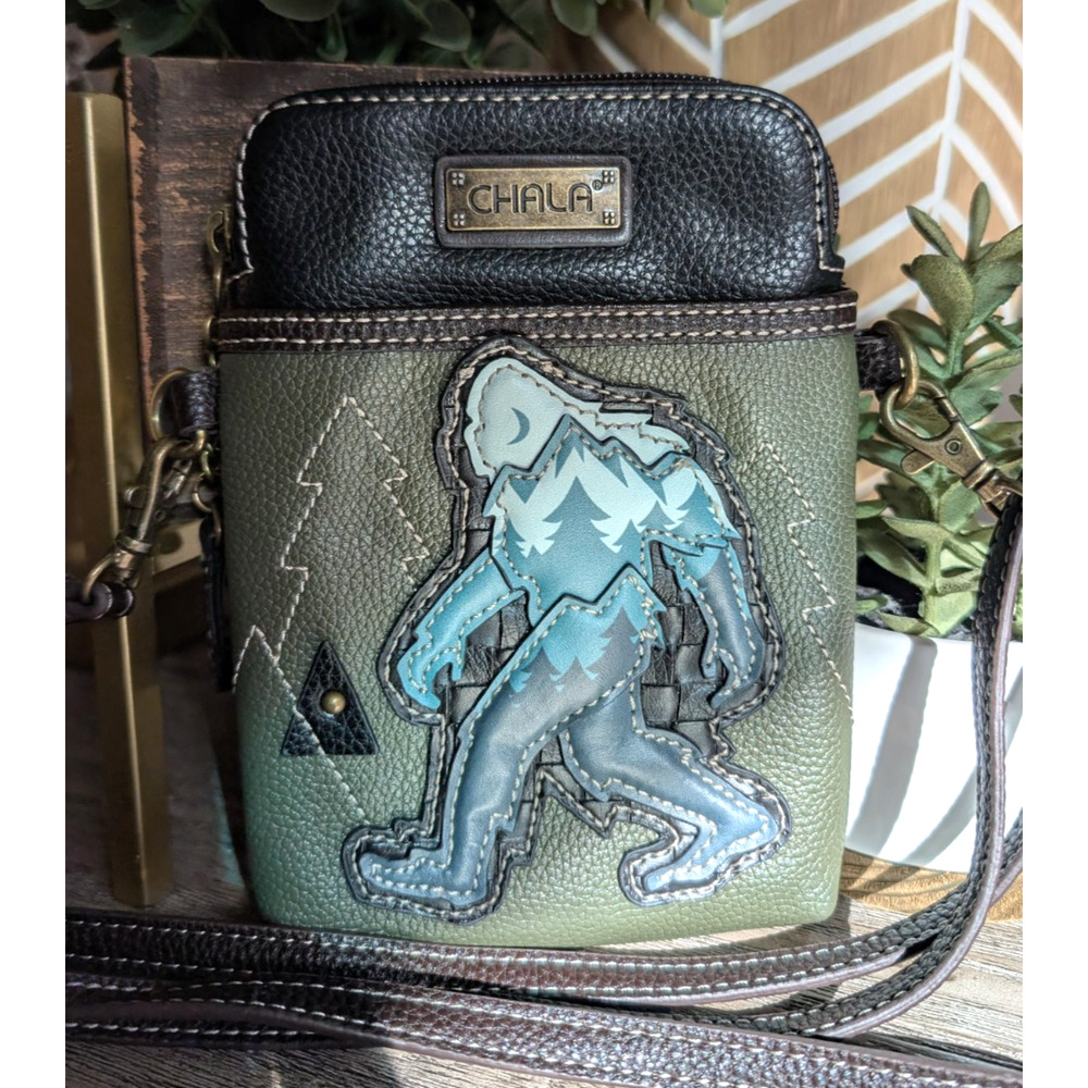 Chala Bigfoot Crossbody Cell Phone Bag Green Faux Leather Small Purse Sasquatch